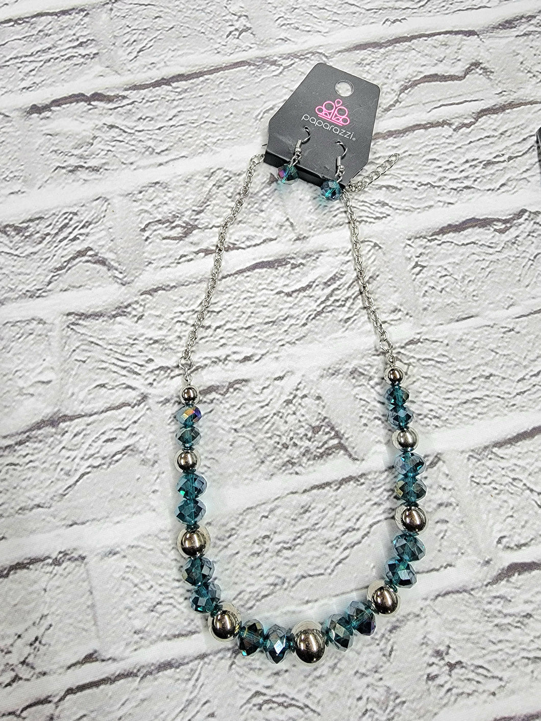 PAPARAZZI TEAL BLUE CHROME BEADED NECKLACE