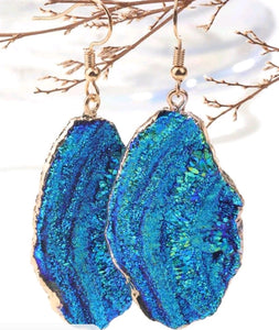 Gold blue green agate earrings