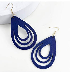 Blue Tear Shape Wood Earrings