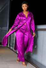 Load image into Gallery viewer, {{PRE-ORDER}} Purple 2Pc Satin Slit Shirt and Pant Set
