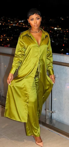 {{PRE-ORDER}} Olive Green 2Pc Satin Slit Shirt & Pant Set